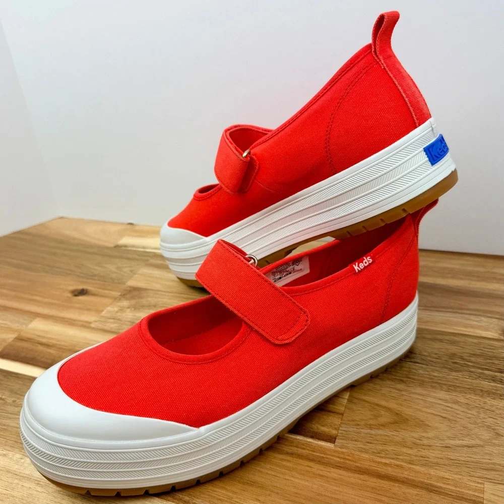 Keds Women's WF68129 Orange Red Canvas Platform Mary Jane Shoes Size 9